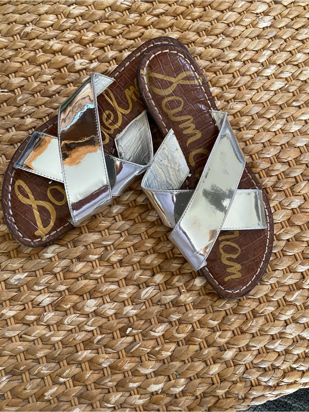 Sam Edelman Silver Mirrored Crisscross Slide Sandals